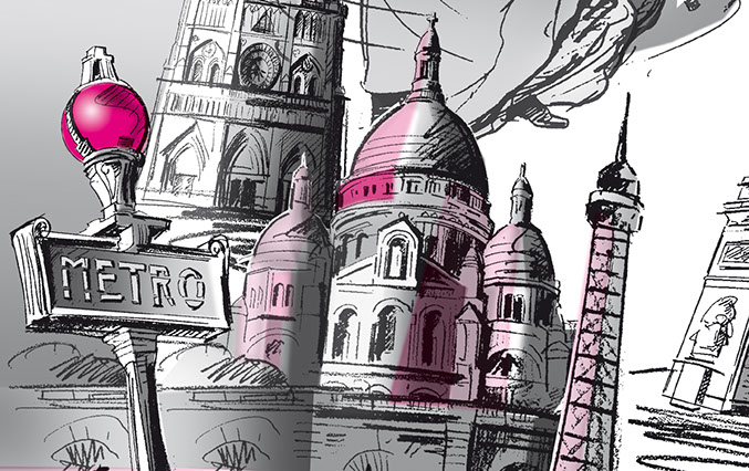 Stadtillustrationen ©Frank Engel für eine Arztpraxis am Flughafen Köln/Bonn Abbildungen: Stadt-Collagen als Raumwegweiser